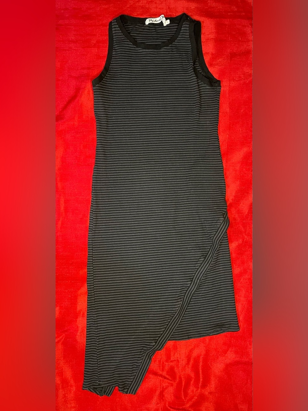 Michael Stars Size L Black Gray Striped Ribbed Asymmetrical Midi Dress USA